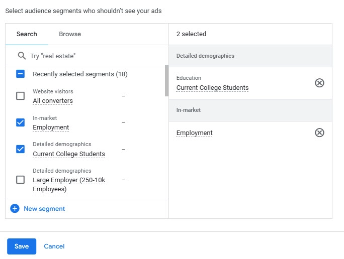 Selecting segements to exclude from ads in the Google Ads Interface