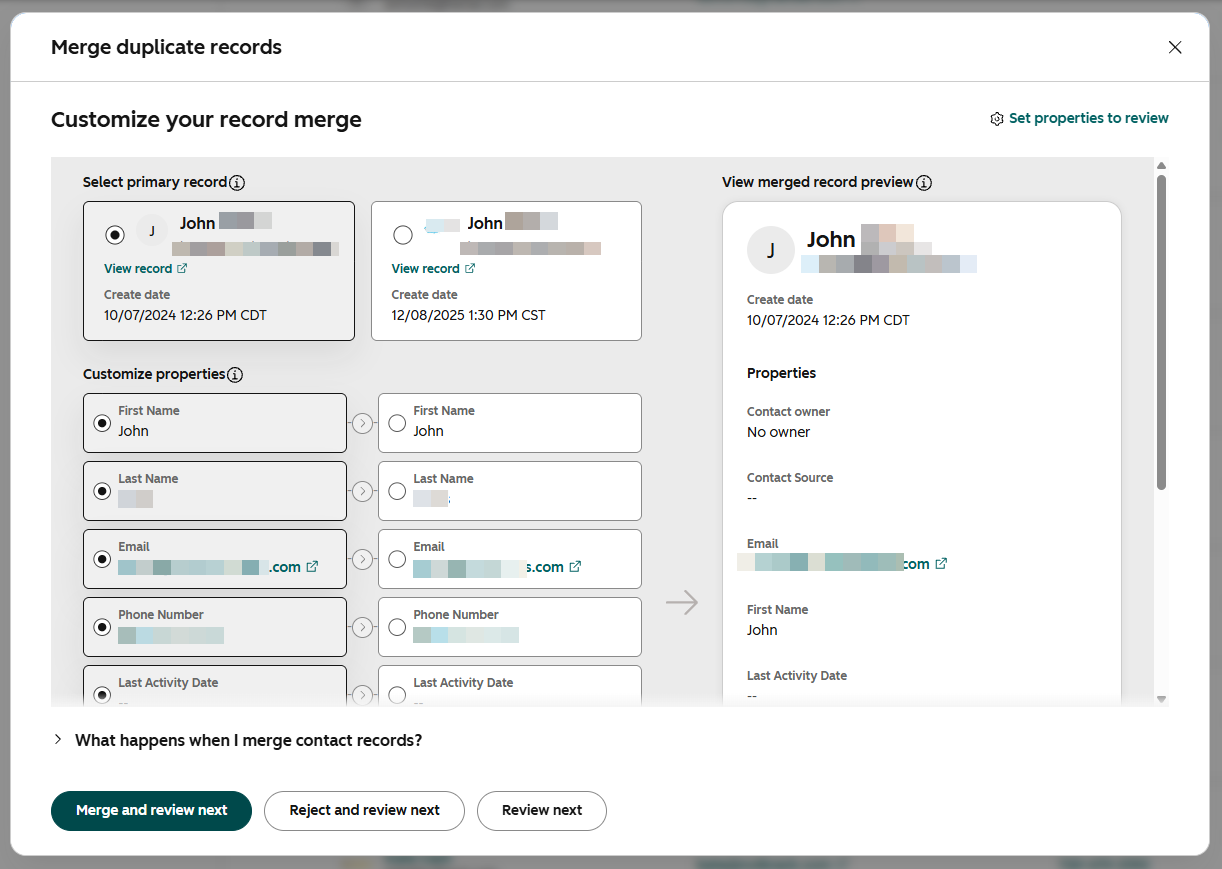 Hubspot dialog box to review contact records prior to merging.